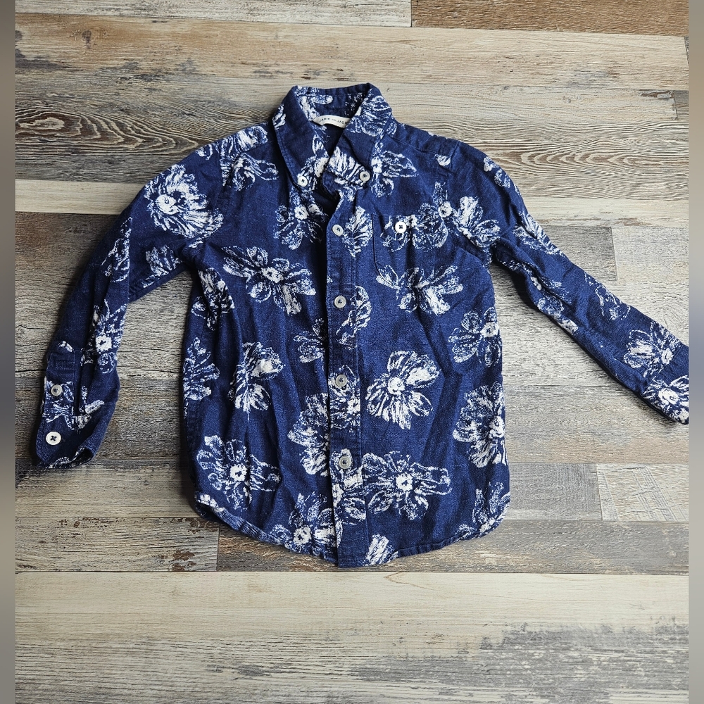 Janie And Jack Boyd 2T Linen Blend Button Down Shirt Tropical Blue White